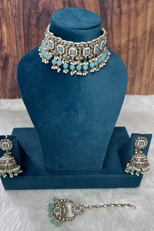 Antique Jewellery Mehendi plating Light blue choker set