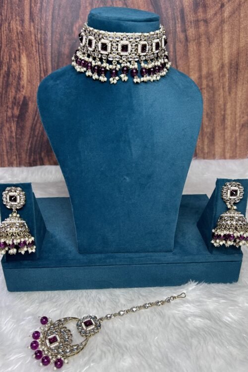 Mehendi plating Wine pearls with white stone choker set