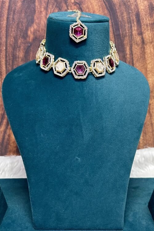 Kadisha korean Jewellery Set for Women – Necklace, Earrings, Maangtika, Wine Stone, Large Size, Korean Style