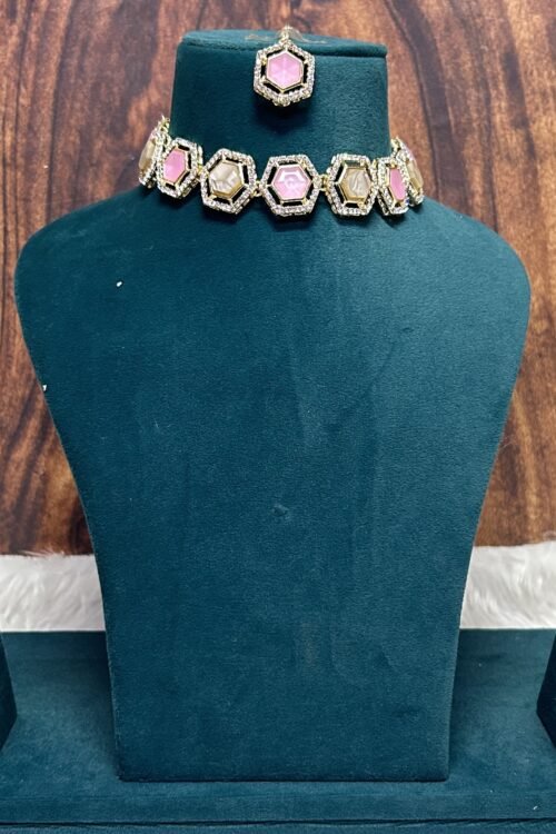 Kadisha korean Jewellery Set for Women – Necklace, Earrings, Maangtika, Light pink Stone, Large Size, Korean Style