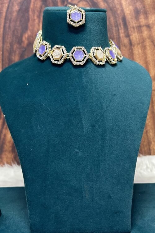 Kadisha korean Jewellery Set for Women – Necklace, Earrings, Maangtika, Purple Stone, Large Size, Korean Style