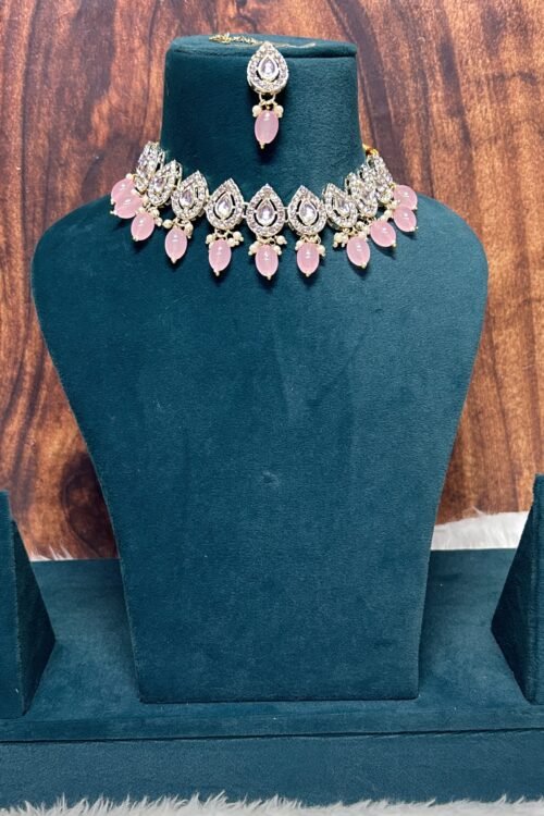 White Kundan and Beaded Jewelry Set for Women, Necklace, Earrings, Maangtika, Pink