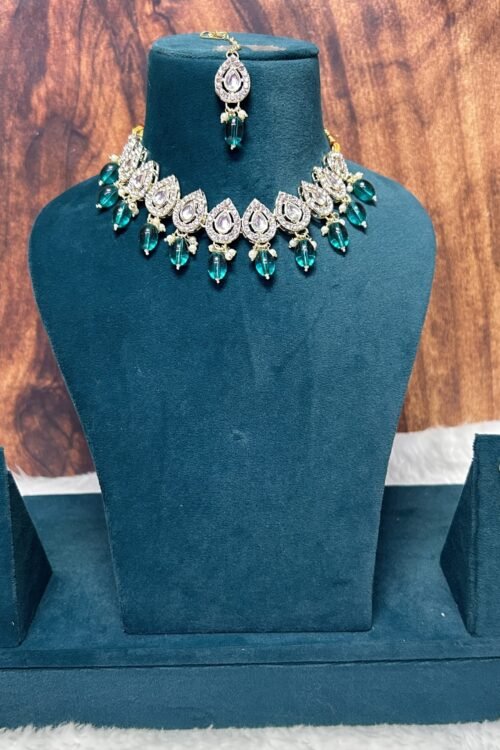 White Kundan and Beaded Jewelry Set for Women, Necklace, Earrings, Maangtika, rama green