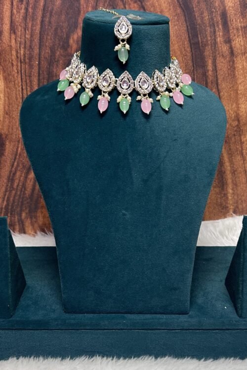 White Kundan and Beaded Jewelry Set for Women, Necklace, Earrings, Maangtika, green & pink