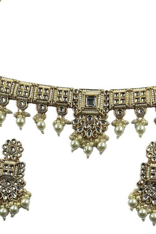 Choker Jewelry Set in White Cream color, Gold Plated with White Kundan Design