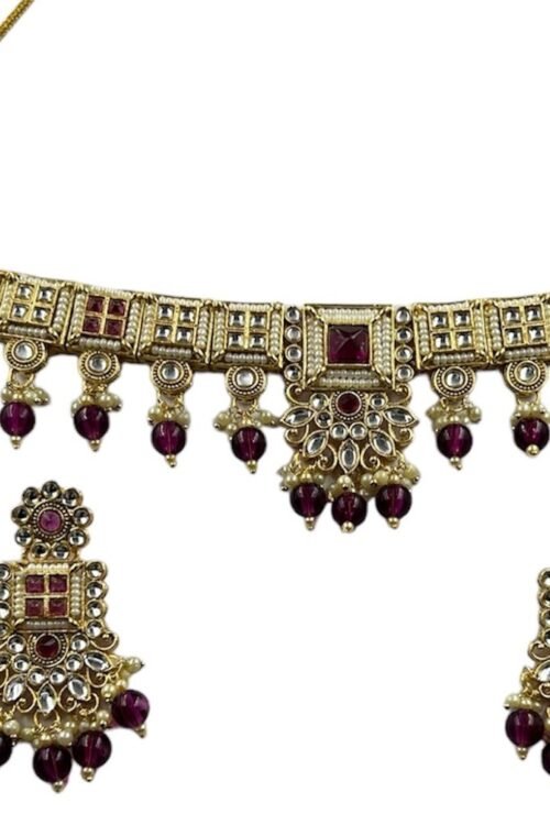 Choker Jewelry Set in Wine color, Khiladi, Gold Plated with White Kundan Design