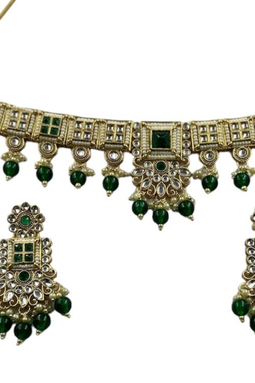 Choker Jewelry Set in dark Green, Khiladi, Gold Plated with White Kundan Design