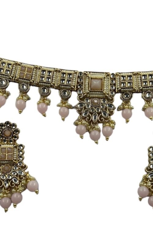 Choker Jewelry Set in Light Pink, Khiladi, Gold Plated with White Kundan Design