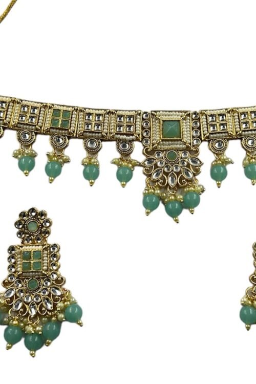 Choker Jewelry Set in Light Blue, Khiladi, Gold Plated with White Kundan Design