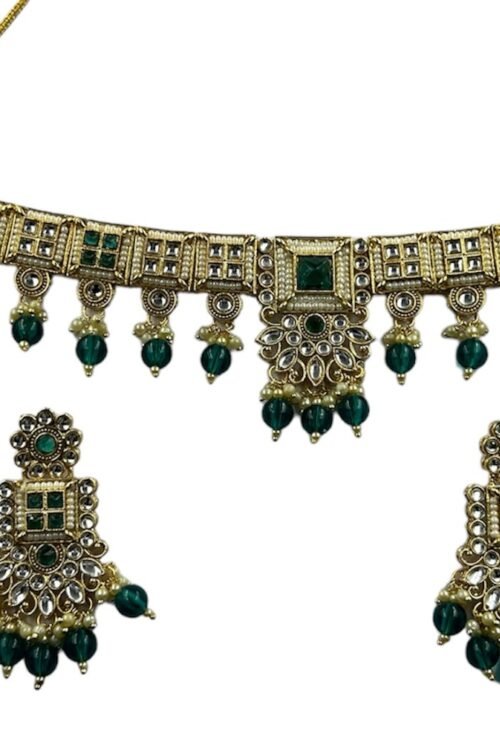 Choker Jewelry Set in rama Green, Khiladi, Gold Plated with White Kundan Design