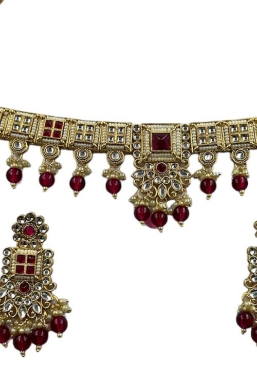 Choker Jewelry Set in rani pink, Khiladi, Gold Plated with White Kundan Design