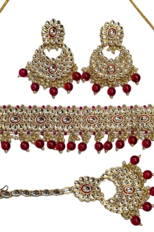 Rani pink Pearls Choker Necklace Set with Earrings and Maangtika