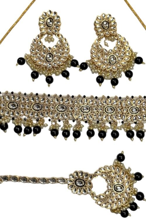 Black Pearls Choker Necklace Set with Earrings and Maangtika