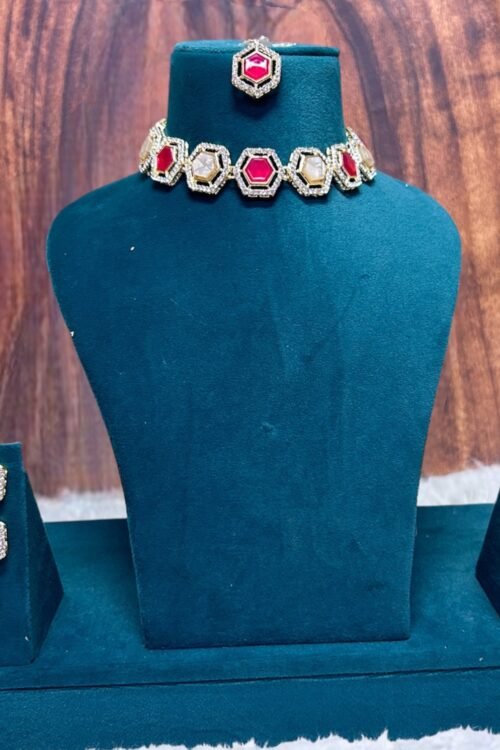Kadisha korean Jewellery Set for Women – Necklace, Earrings, Maangtika, Rani pink Stone, Large Size, Korean Style