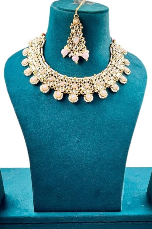 Badi Jewelry Set for Women, Indian Bridal light pink Necklace with Earrings and maangtika,
