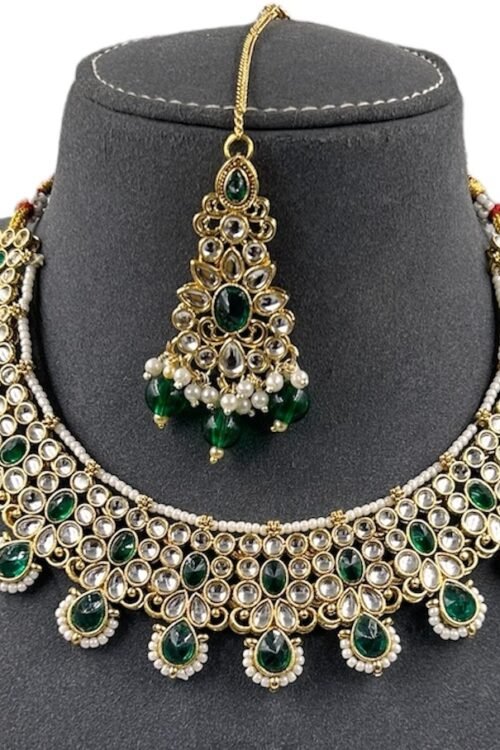 Badi Jewelry Set for Women, Indian Bridal Dark green Necklace with Earrings and maangtika,