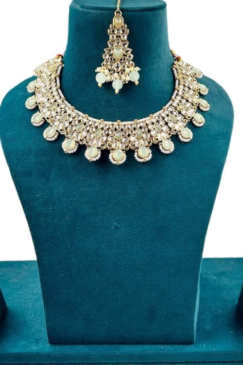 Badi Jewelry Set for Women, Indian Bridal mint green Necklace with Earrings and maangtika,
