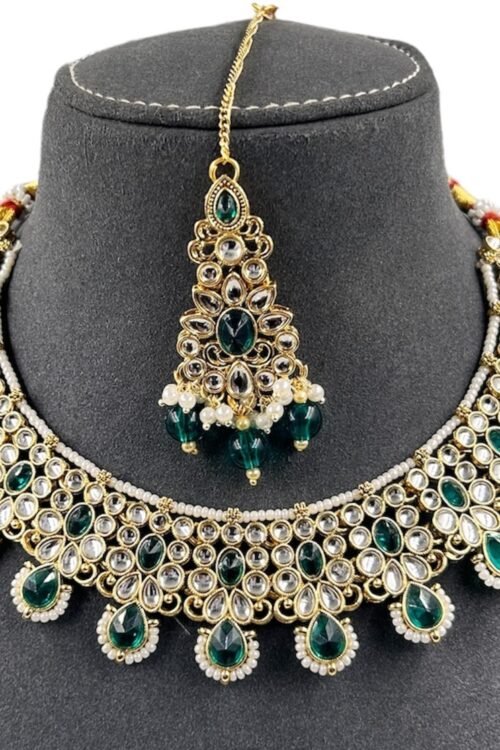 Badi Jewelry Set for Women, Indian Bridal Rama green Necklace with Earrings and maangtika,