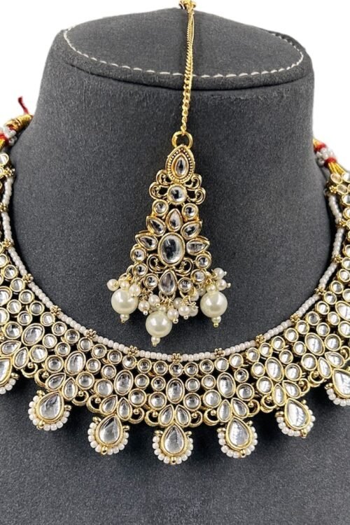 Badi Jewelry Set for Women, Indian Bridal white Necklace with Earrings and maangtika,