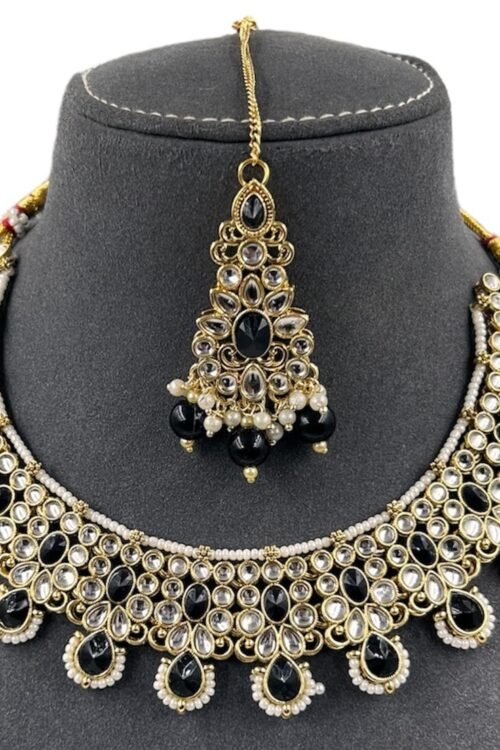 Badi Jewelry Set for Women, Indian Bridal Black Necklace with Earrings and maangtika,