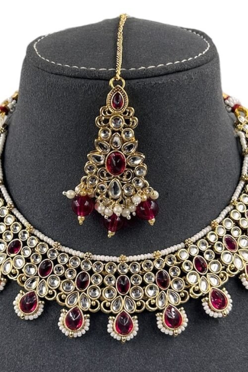 Badi Jewelry Set for Women, Indian Bridal rani pink Necklace with Earrings and maangtika,