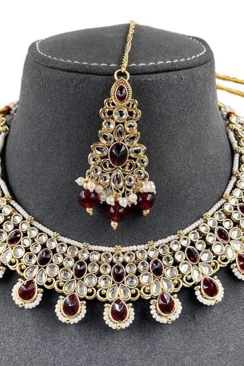 Badi Jewelry Set for Women, Indian Bridal Maroon Necklace with Earrings and maangtika,