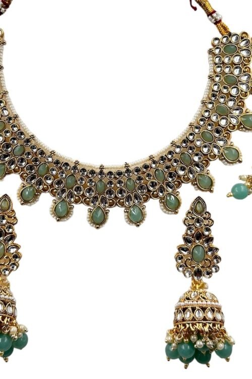 Badi Jewelry Set for Women, Indian Bridal light blue Necklace with Earrings and maangtika,