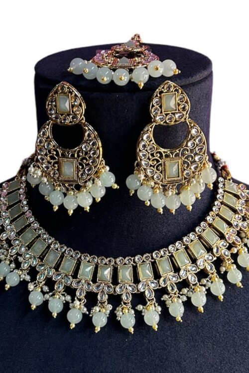 new mint green color beads white kundan stone gold plated necklace set with earings and maangtika