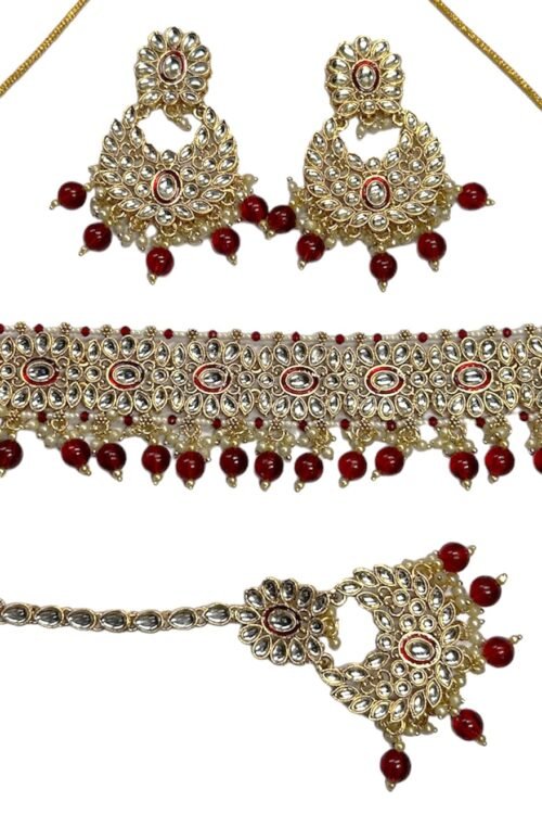 Maroon Pearls Choker Necklace Set with Earrings and Maangtika
