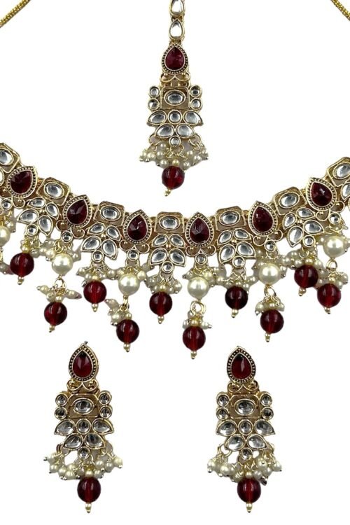 Trandy Gold and Maroon beads necklace set with earring and maangtika