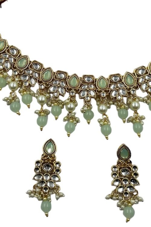 Trandy Gold and mint green beads necklace set with earring and maangtika