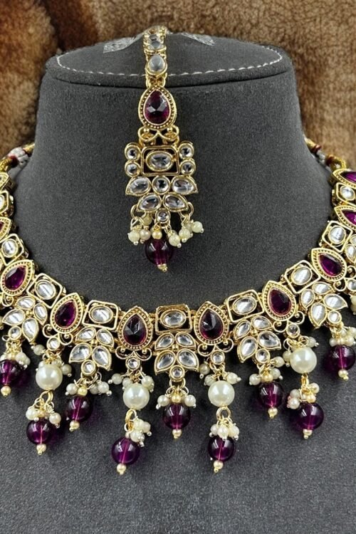 Trandy Gold and Wine beads necklace set with earring and maangtika