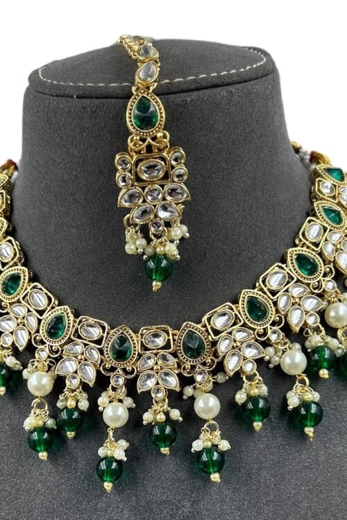 Trandy Gold and dark green beads necklace set with earring and maangtika