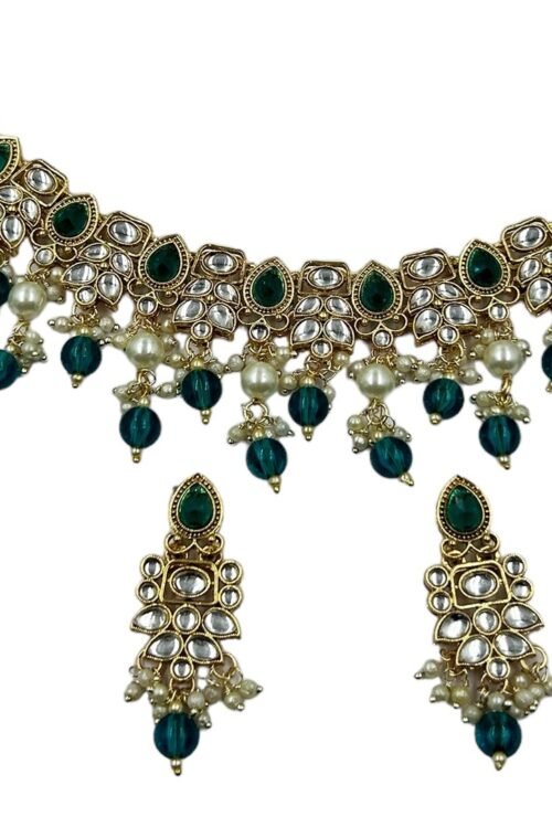 Trandy Gold and rama green beads necklace set with earring and maangtika