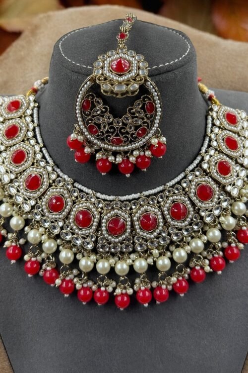 Red Colour Beeds Indian Half Bridal Necklace Set With Jhumka & Maang Tika