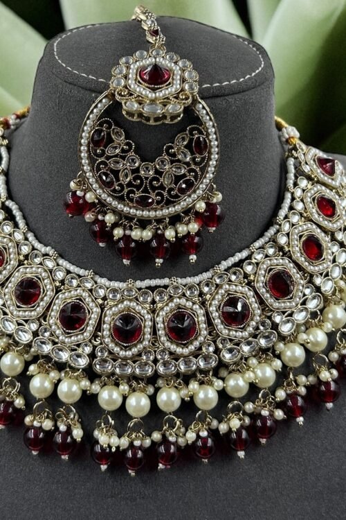 Maroon Colour Beeds Indian Half Bridal Necklace Set With Jhumka & Maang Tika