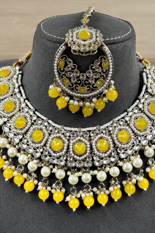 Yellow Colour Beeds Indian Half Bridal Necklace Set With Jhumka & Maang Tika