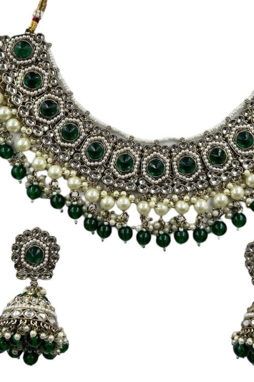 Dark Green Beeds Indian Half Bridal Necklace Set With Jhumka & Maang Tika