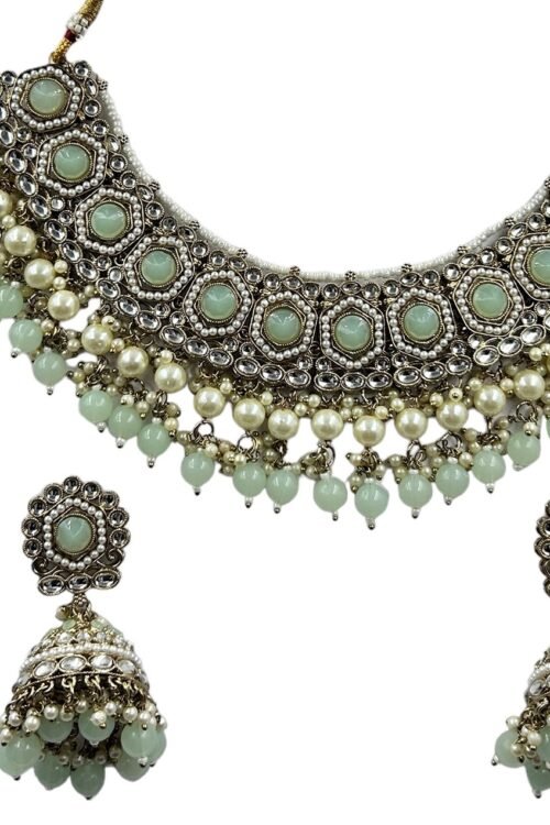 Mint Green Indian Half Bridal Necklace Set With Jhumka & Maang Tika