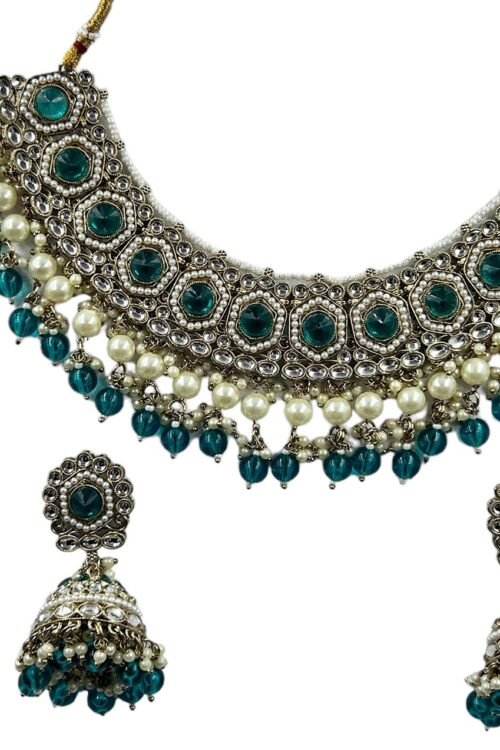 Rama Colour Beeds Indian Half Bridal Necklace Set With Jhumka & Maang Tika