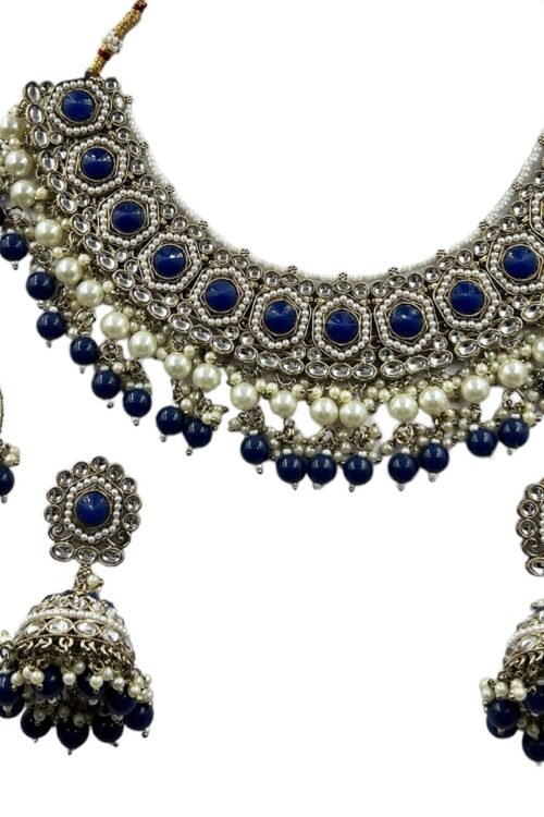 Navy Blue Beeds Indian Half Bridal Necklace Set With Jhumka & Maang Tika