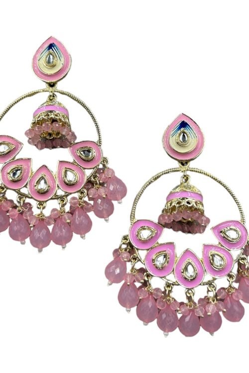 Pink and gold Crystal-beads Chand bali earring