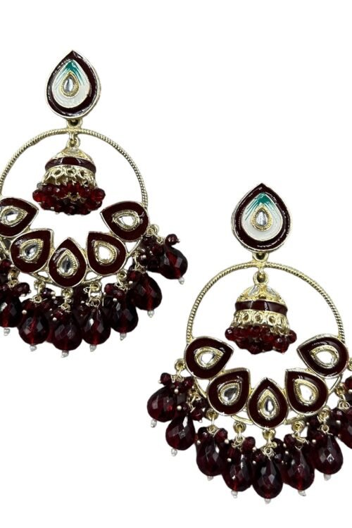 Maroon and gold Crystal-beads Chand bali earring