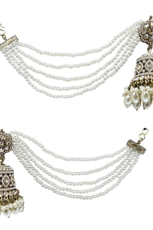 Royal Regal Elegance Bahubali Jhumka with Crystal Cream Beads and Artificial Golden Stones, 8 cm Long