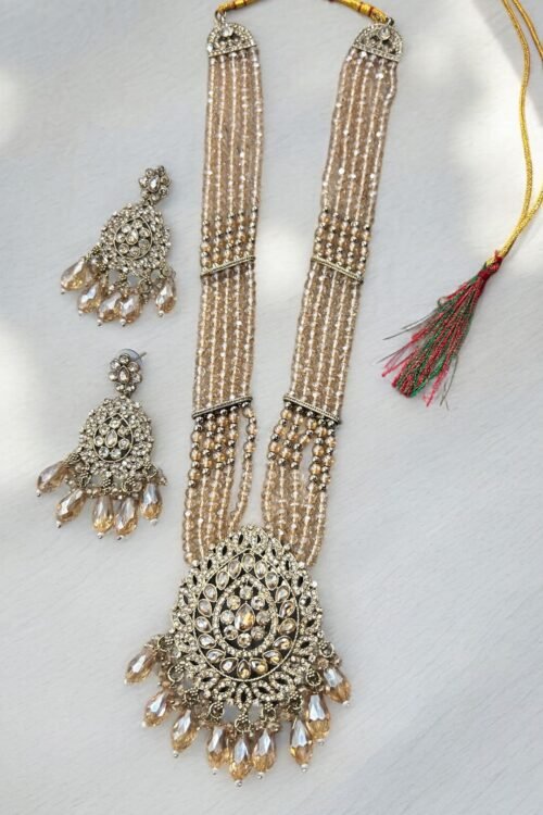 Copper Golden Long Necklace Set with Intricate Jewellery Cream-moti Pieces and large size elegant earring