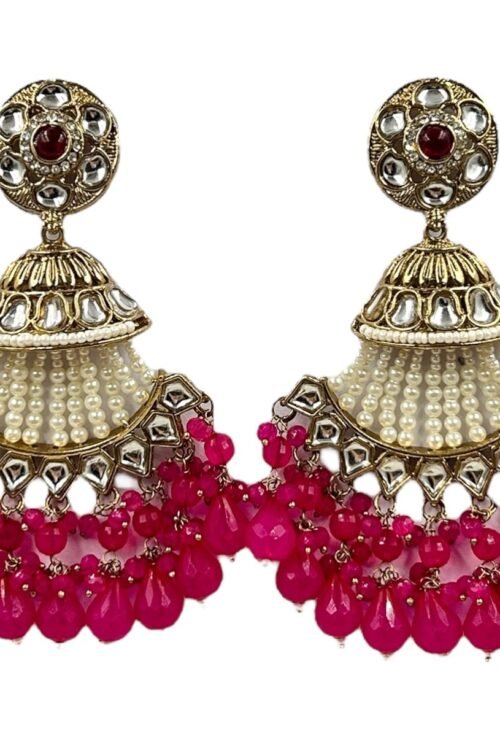 Rani pink crystal beads elegant half moon earrings