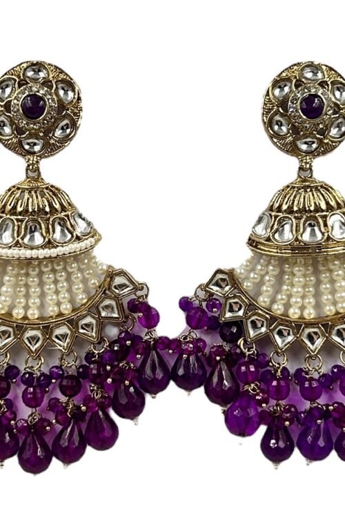 Dark purple crystal beads elegant half moon earrings